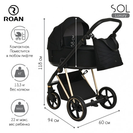 Детская коляска 2 в 1 Roan Sol Luxury True Black/Gold/руч.Черный