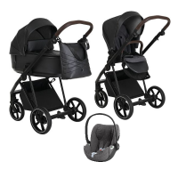Детская коляска 3 в 1 Roan Sol Кожа Black Pearl/Black/руч.Тем.коричневый